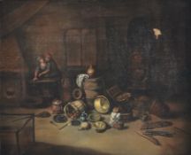 Flämische Schule des 18. Jahrhunderts / Genremaler -- Kücheninterieur mit bäuerlichem Domestikenpaa