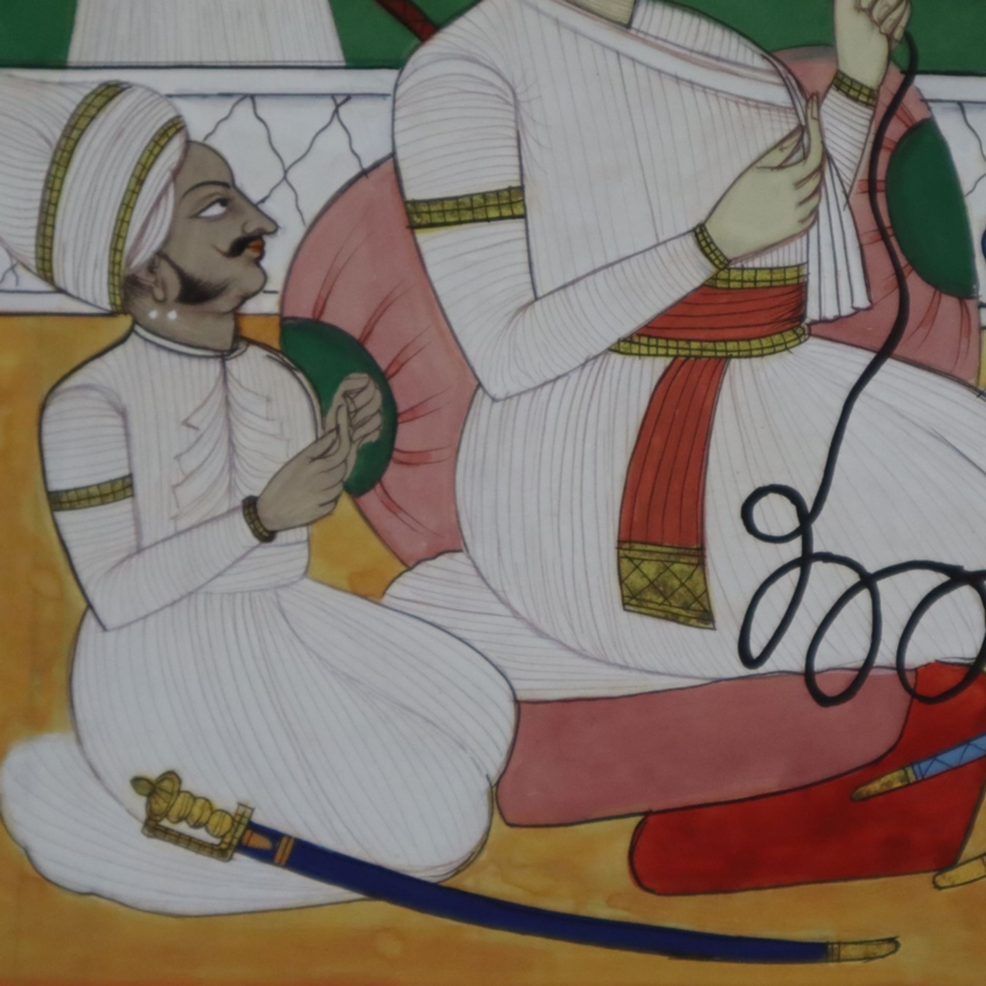 Indische Miniaturmalerei - Gesellige Runde beim Rauchen einer Hukah (Wasserpfeife), feine Gouachema - Bild 3 aus 6