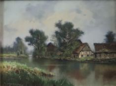 Soller, Georg (1906-1965, Münchener Maler) - Sommerliche Flussuferlandschaft mit Dorfhäusern, Öl au