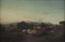Landschaftsmaler 19.Jh.- Sanfte Hügellandschaft mit Schafherde im Vordergrund, Öl auf Leinwand, lin