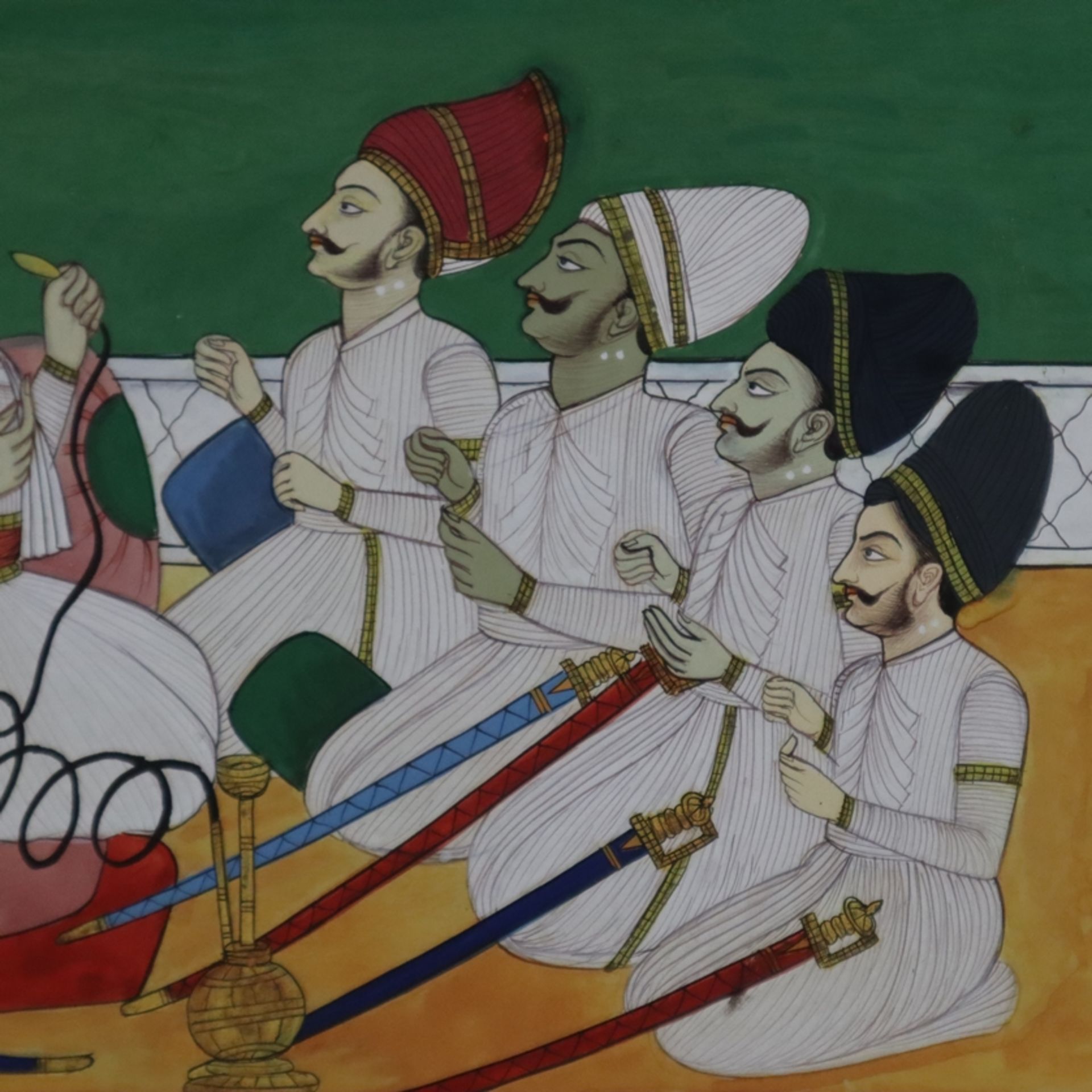 Indische Miniaturmalerei - Gesellige Runde beim Rauchen einer Hukah (Wasserpfeife), feine Gouachema - Bild 4 aus 6