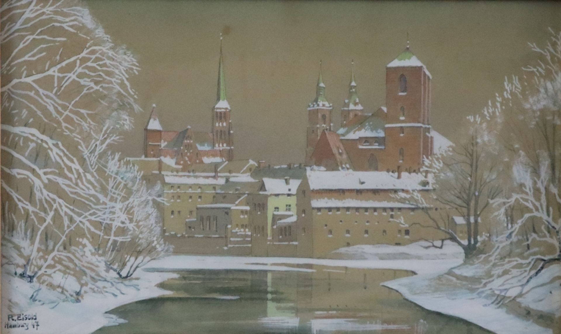 Eisold, R. (20. Jh.) - Blick auf verschneite Stadtarchitektur, 1947, Aquarell auf braunem Papier, u