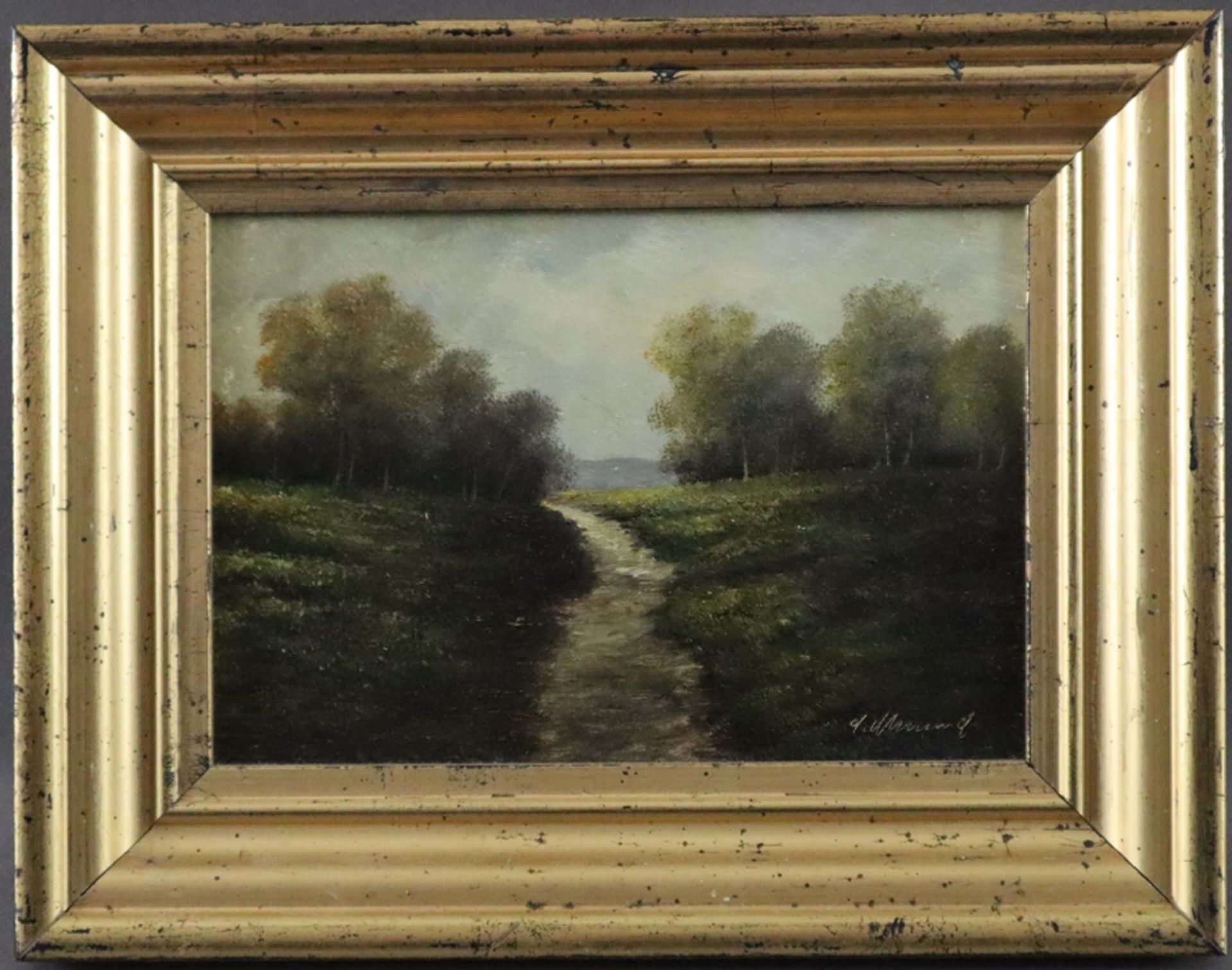 Landschaftsmaler (20. Jh.) - Landschaft mit Bachlauf, Öl auf Holz, unten rechts undeutlich signiert - Image 2 of 8