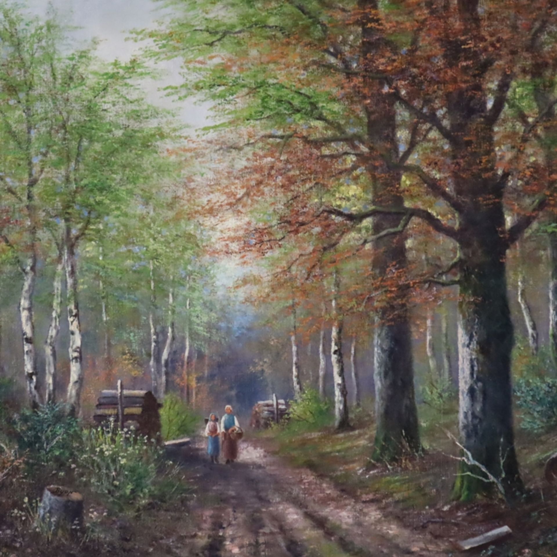 Unbekannt -20.Jh.- Herbstlicher Birkenwald mit Bäuerinnen auf dem Heimweg, Öl auf Leinwand, unten l - Bild 3 aus 12