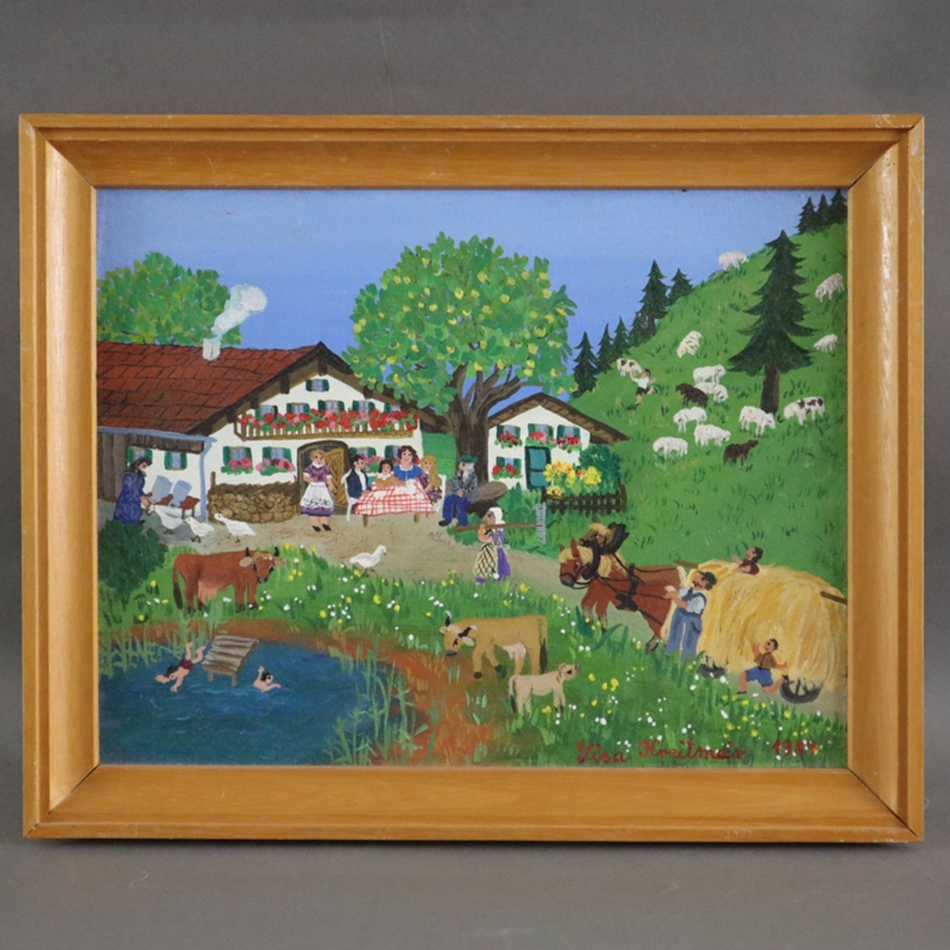 Kreitmeir, Lisa (1935 Oberammergau) - Belebte Dorfszene mit Bauern und Vieh, Öl auf Leinwand, auf P - Bild 2 aus 8