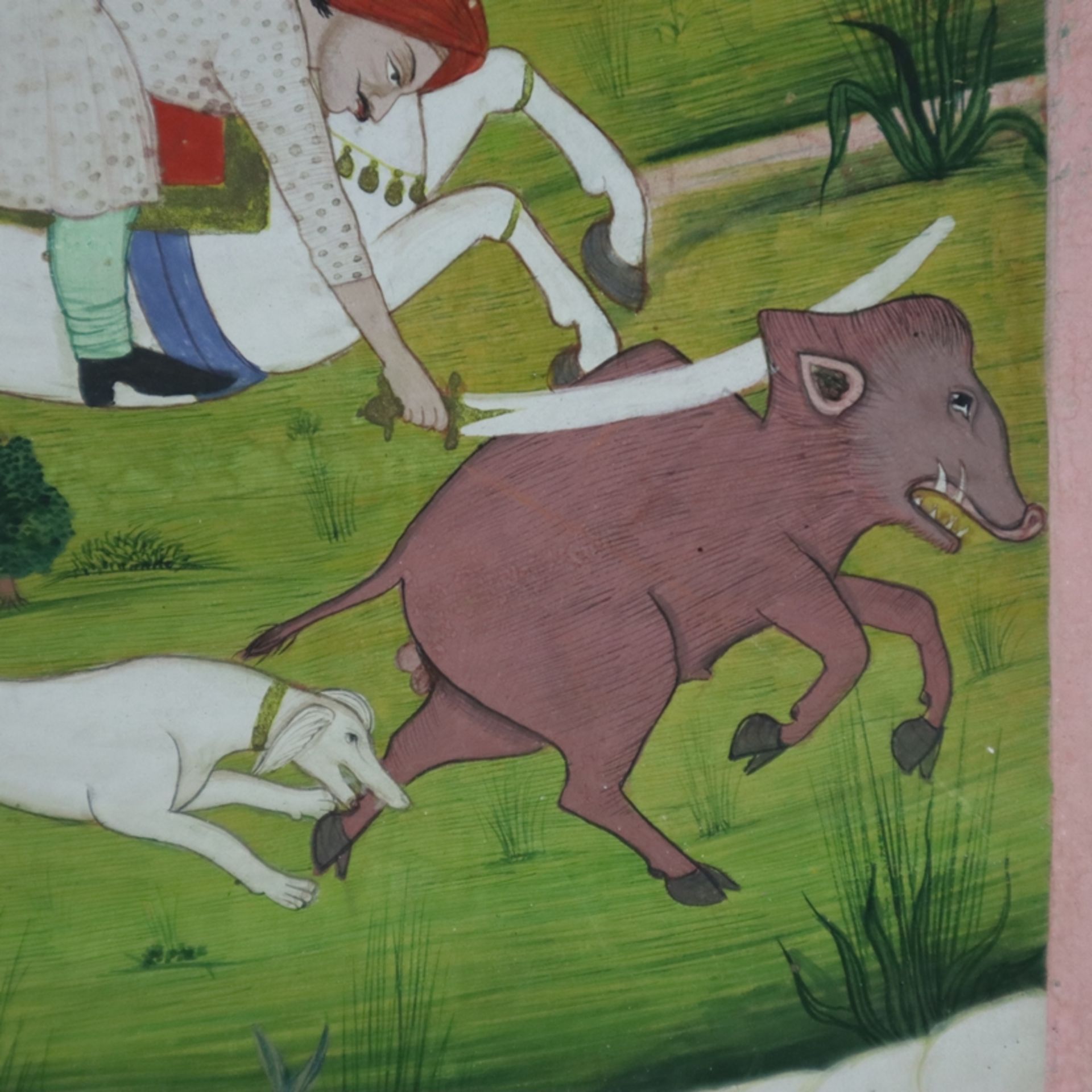 Indische Miniaturmalerei - wohl ausgehende Mogulzeit, Wildschweinjagd, feine Detailmalerei in Gouac - Image 4 of 10