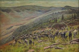 Simpson, W. H. (1. Hälfte 20. Jh.) - Hirt mit Ziegenherde auf einer Bergwiese, Öl auf Hartfaserplat