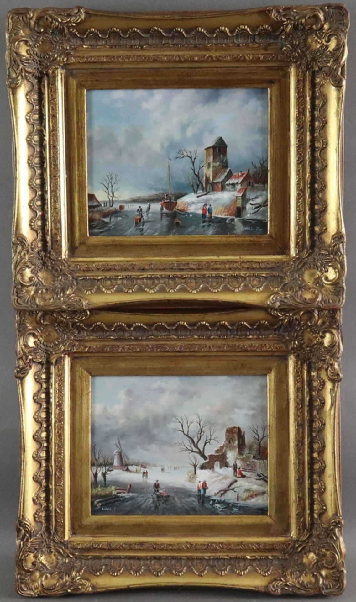 Claes, F. (XX) - Zwei zugefrorene Uferlandschaften mit Figurenstaffage, Öl auf Holzplatte, jeweils
