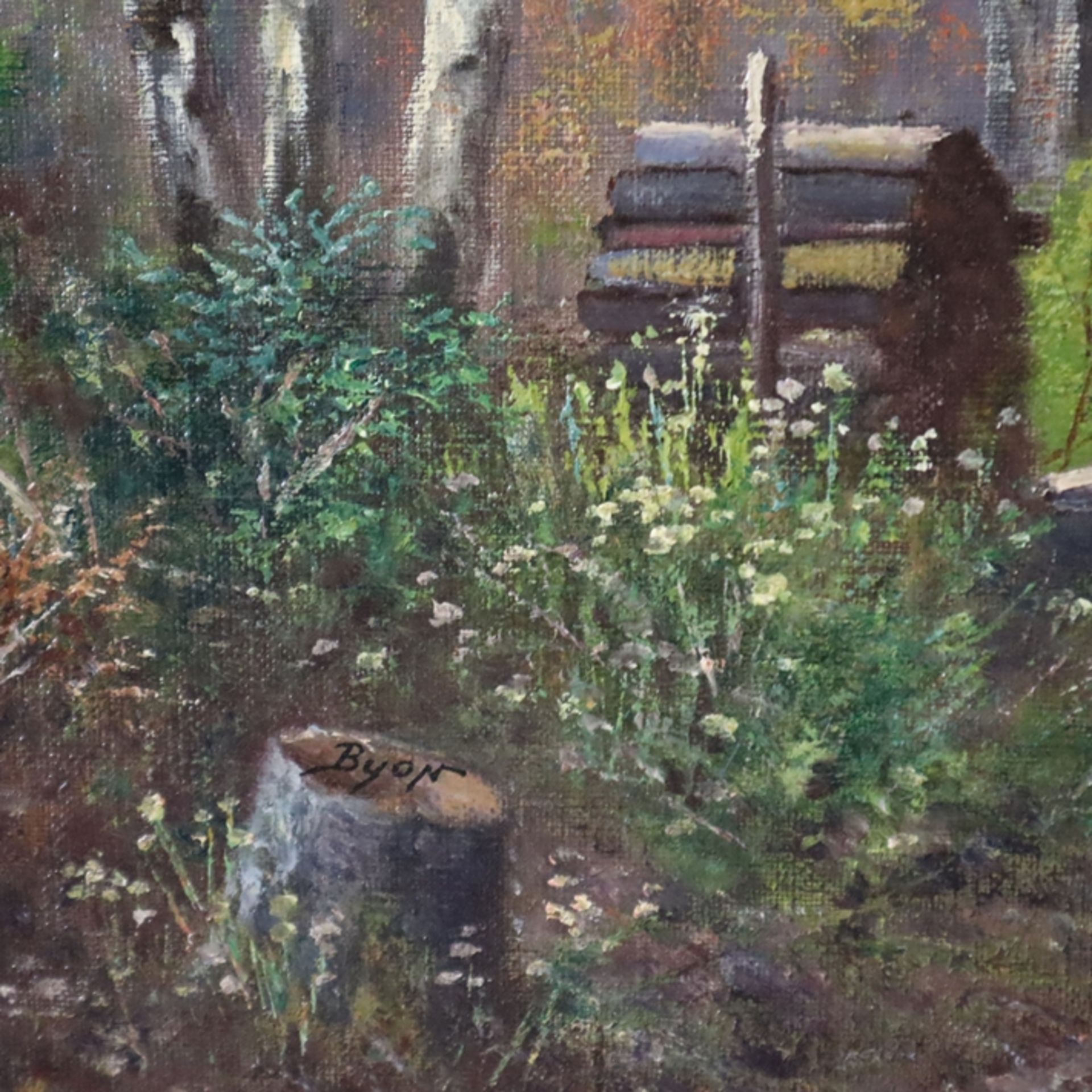 Unbekannt -20.Jh.- Herbstlicher Birkenwald mit Bäuerinnen auf dem Heimweg, Öl auf Leinwand, unten l - Bild 6 aus 12