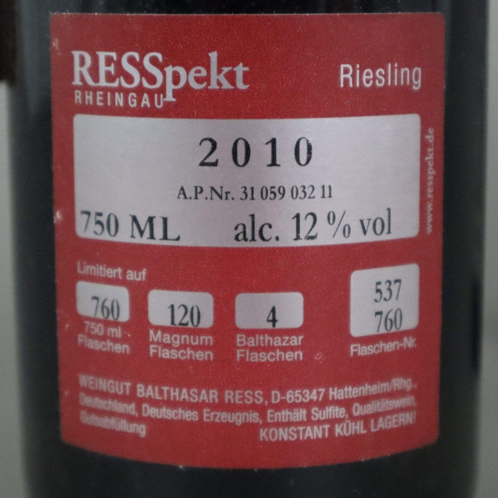 Wein - 2 Flaschen 2010 „RESSpekt“ Rheingau Riesling, je 0,75 l, Füllstand: High Fill, Flasche 537/7 - Bild 6 aus 6