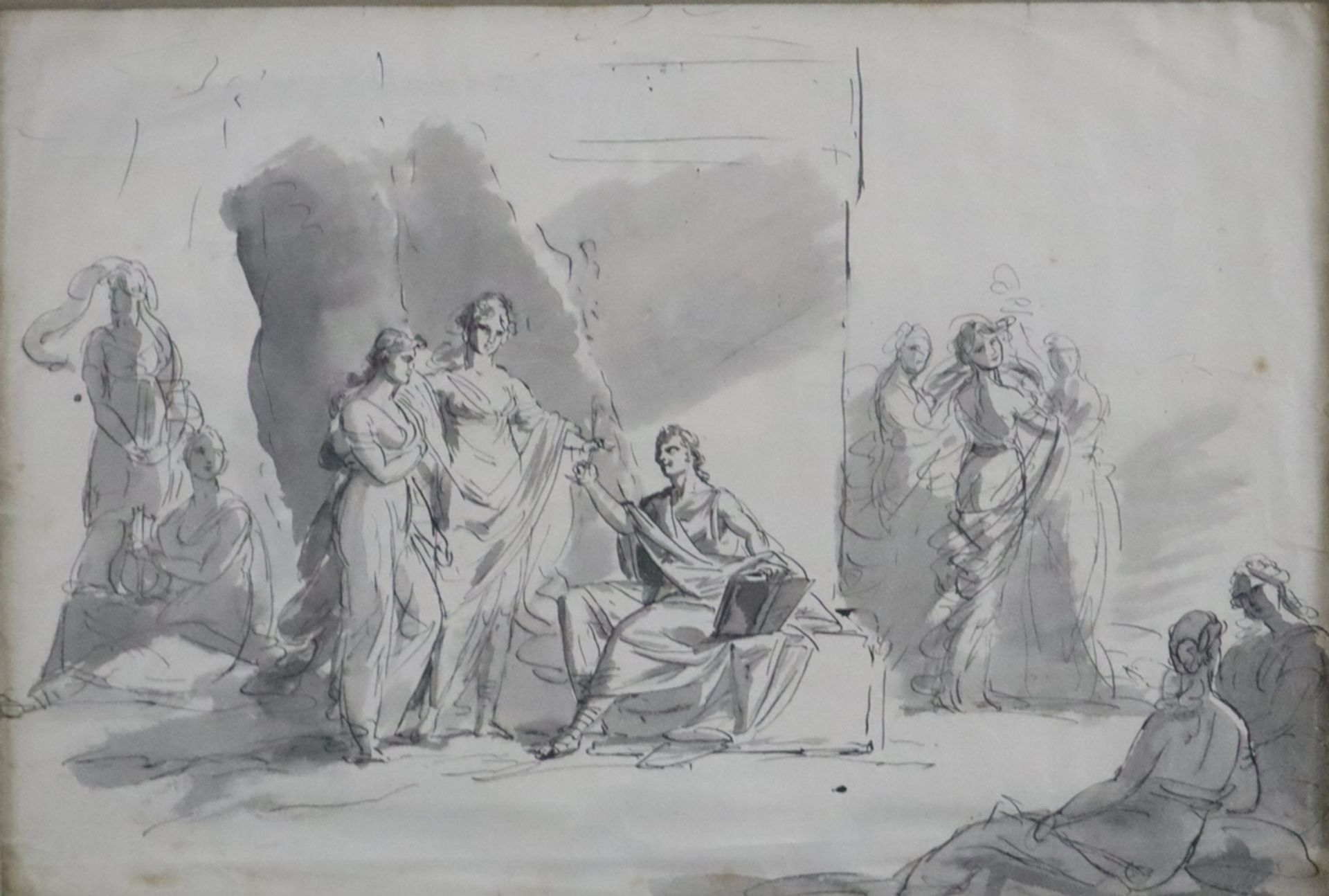 Neoklassizistische/r Künstler/in um 1800 - Junge Damen im Künstleratelier, lavierte Federzeichnung