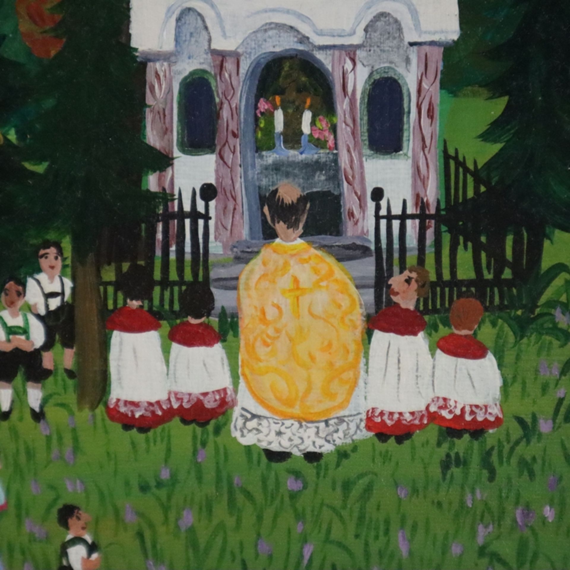 Kreitmeir, Lisa (1935 Oberammergau) - Festgesellschaft vor einer Waldkapelle, Öl auf Leinwand, auf - Bild 4 aus 8