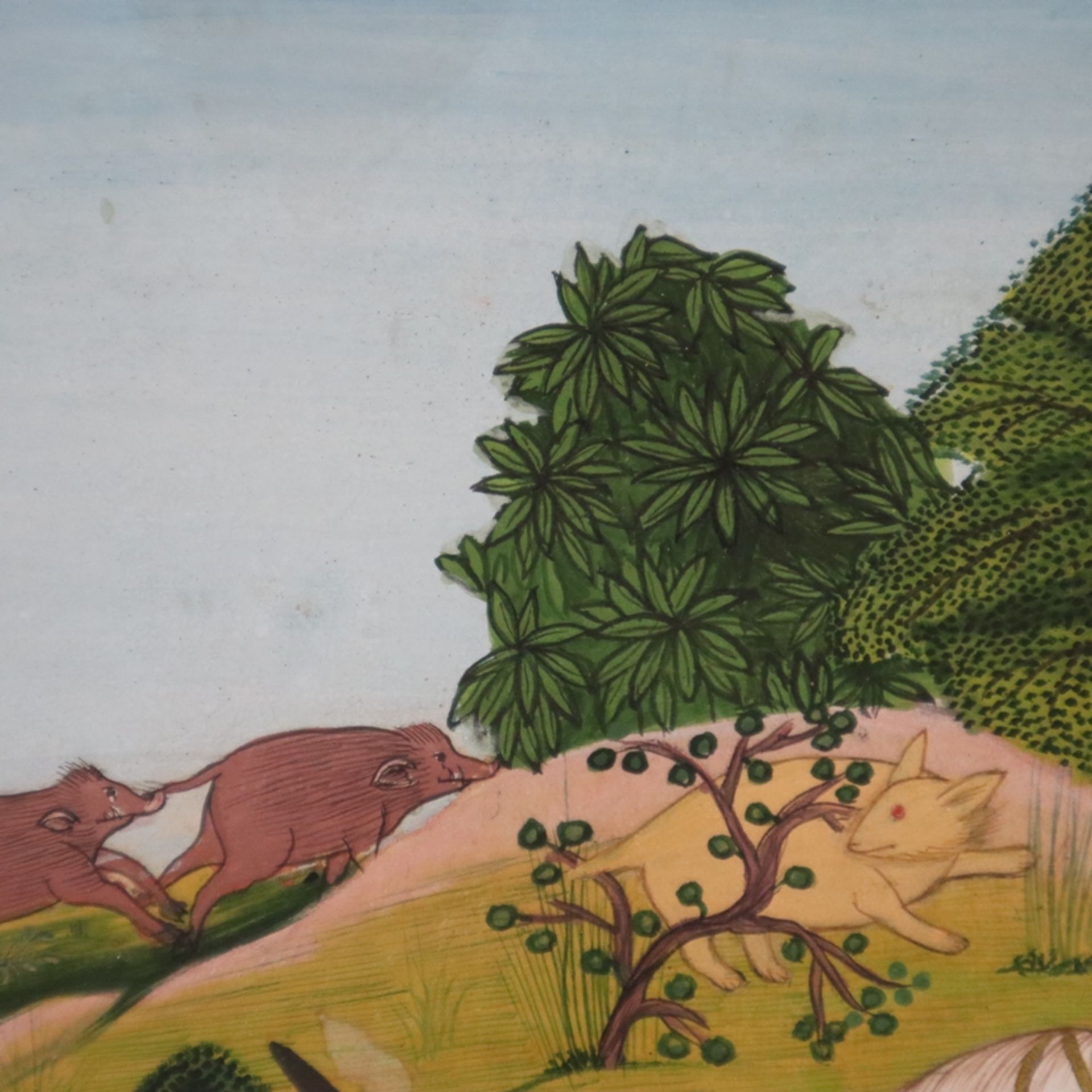 Indische Miniaturmalerei - wohl ausgehende Mogulzeit, Wildschweinjagd, feine Detailmalerei in Gouac - Bild 8 aus 10