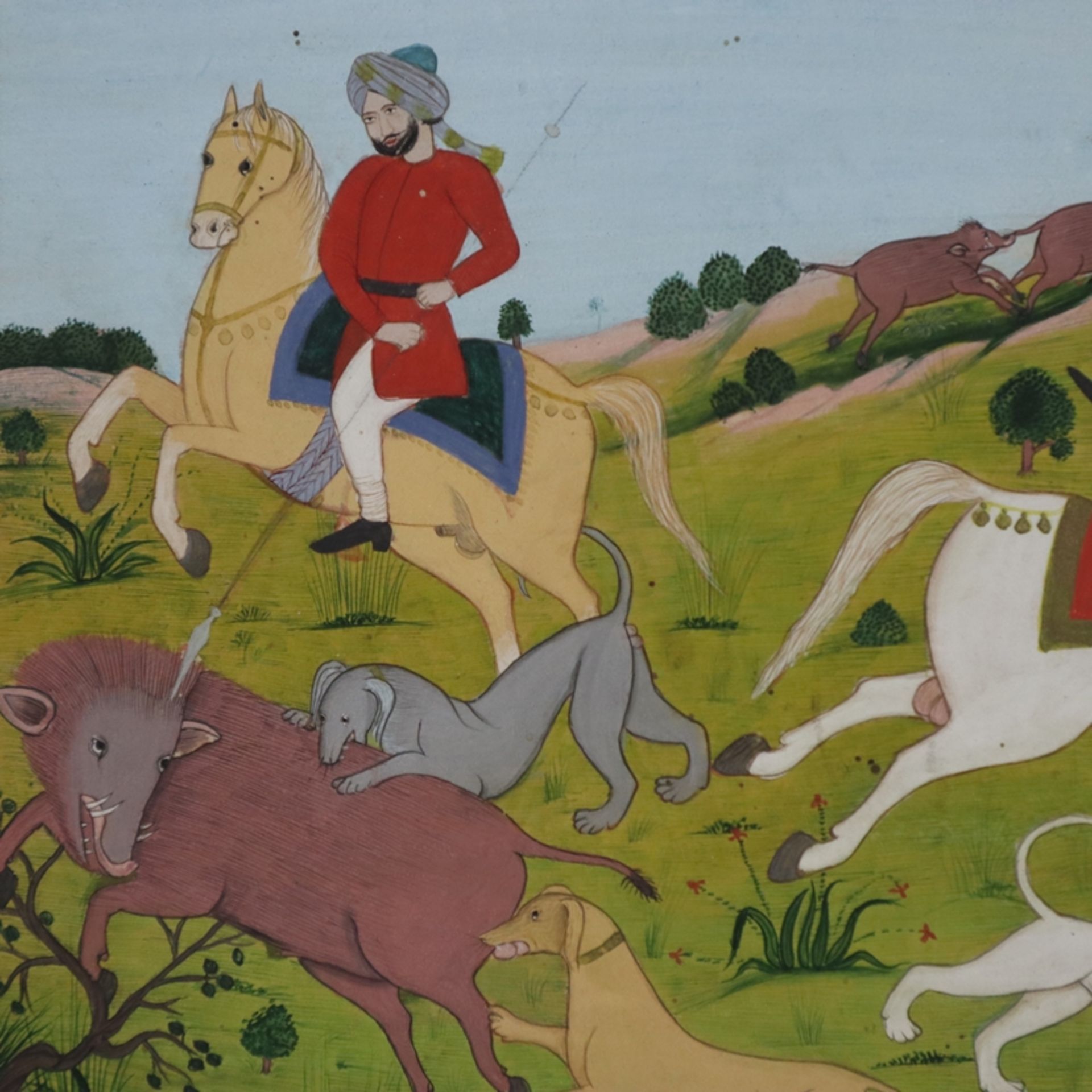 Indische Miniaturmalerei - wohl ausgehende Mogulzeit, Wildschweinjagd, feine Detailmalerei in Gouac - Bild 5 aus 10
