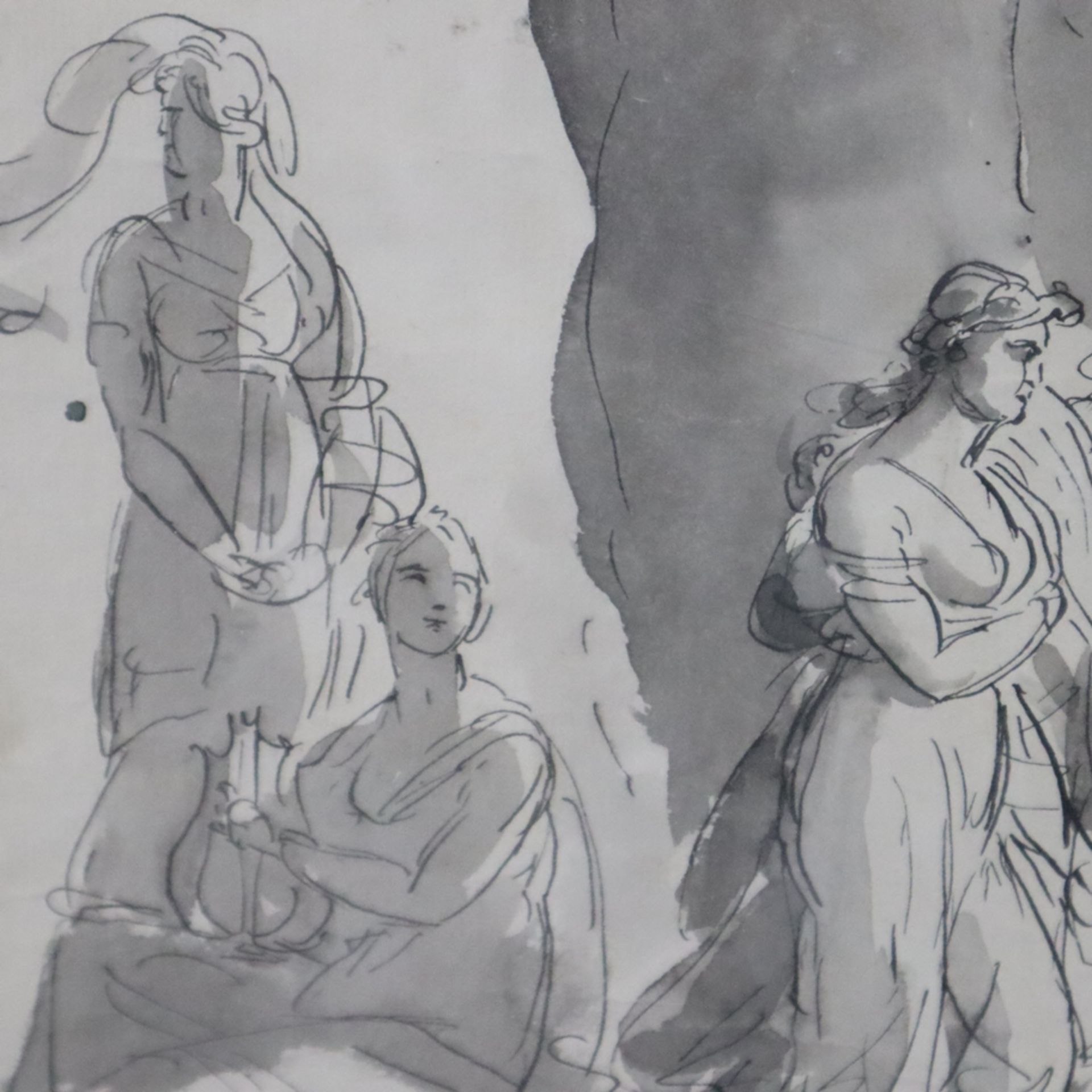 Neoklassizistische/r Künstler/in um 1800 - Junge Damen im Künstleratelier, lavierte Federzeichnung - Bild 6 aus 11