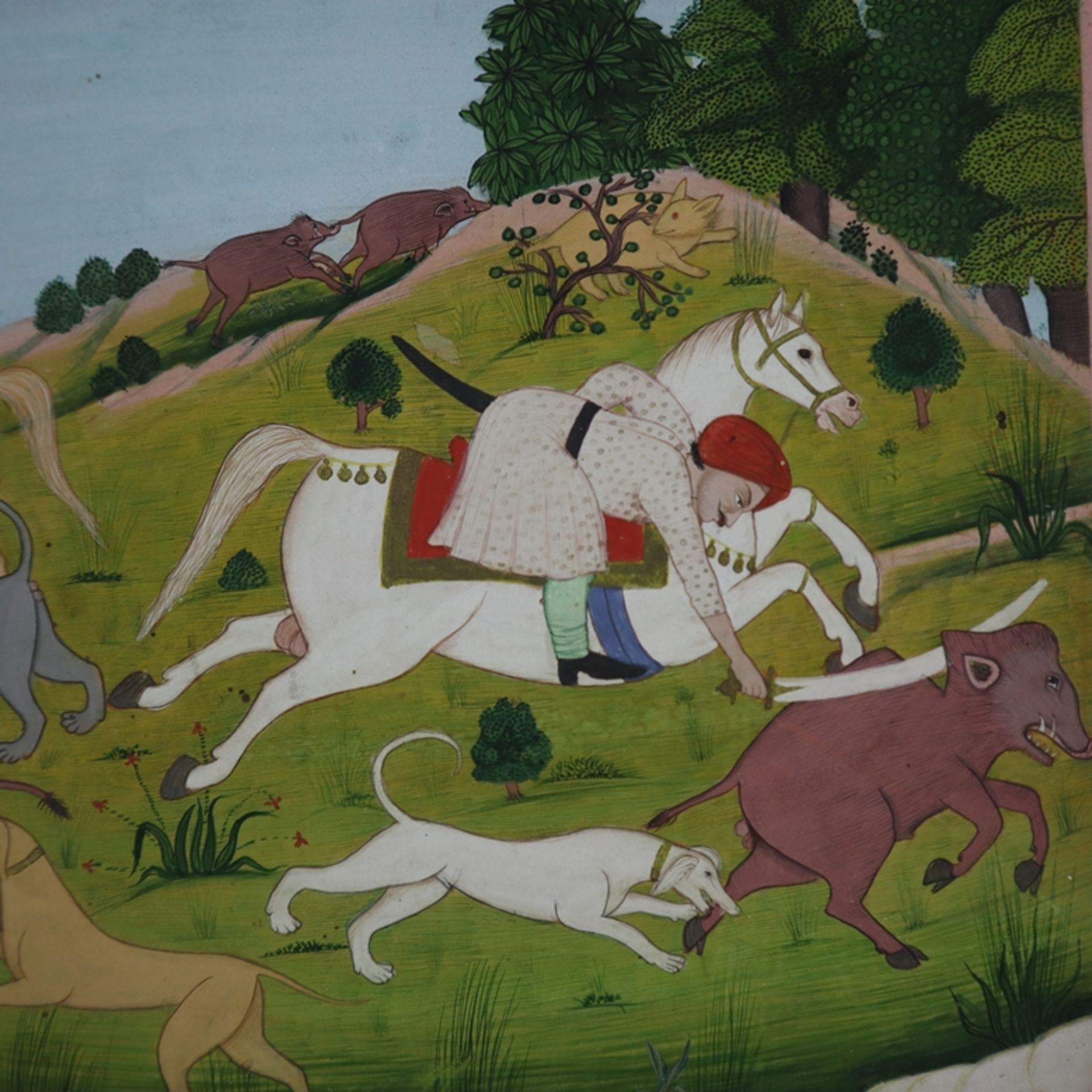 Indische Miniaturmalerei - wohl ausgehende Mogulzeit, Wildschweinjagd, feine Detailmalerei in Gouac - Image 2 of 10