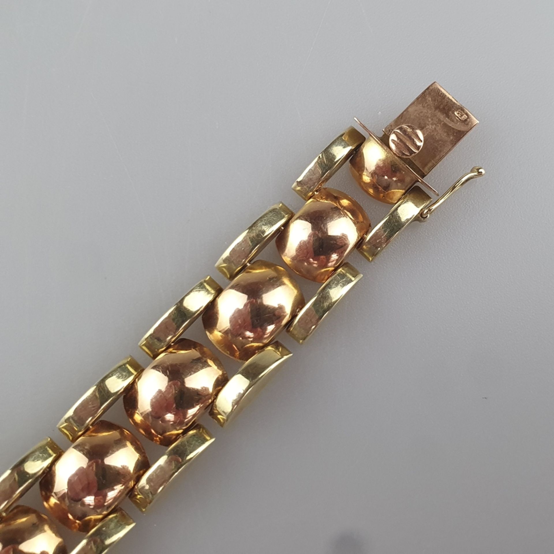 Gliederarmband - Gelb-/Rotgold 585/000 (14K), gestempelt, gewölbte Gliedergestaltung, Kastenschließ - Bild 3 aus 6