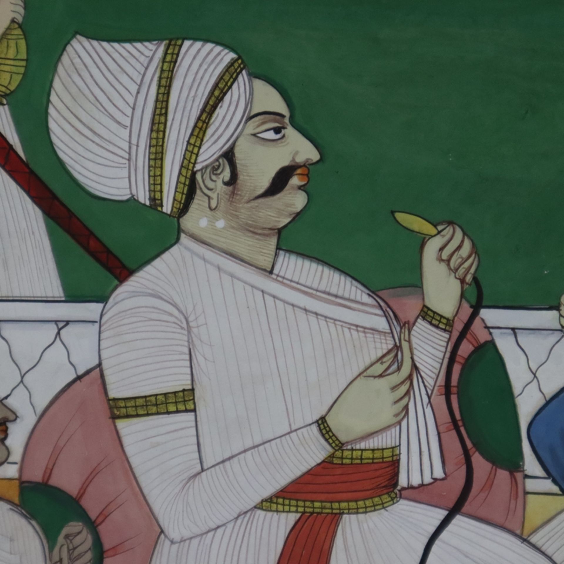 Indische Miniaturmalerei - Gesellige Runde beim Rauchen einer Hukah (Wasserpfeife), feine Gouachema - Bild 2 aus 6