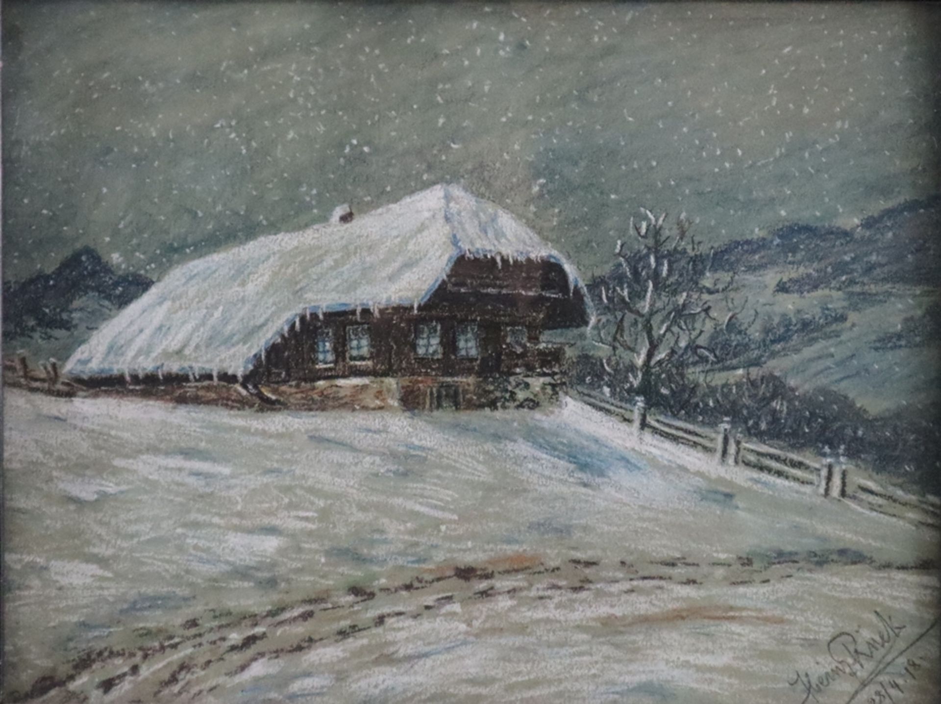Rück, Heinz (Anfang 20. Jh.) - Verschneite Hütte in Winterlandschaft, Pastellkreide auf Papier, unt