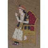 Indische Miniaturmalerei - Ganzfigur einer Mogul-Fürstin im Prunksessel sitzend mit Blume, Pigmentf