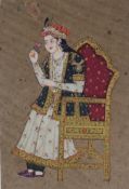Indische Miniaturmalerei - Ganzfigur einer Mogul-Fürstin im Prunksessel sitzend mit Blume, Pigmentf