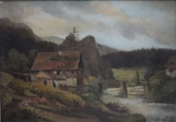 Landschaftsmaler (19. Jh.) - Wassermühle in Gebirgslandschaft, Öl auf Leinwand, unten rechts undeut