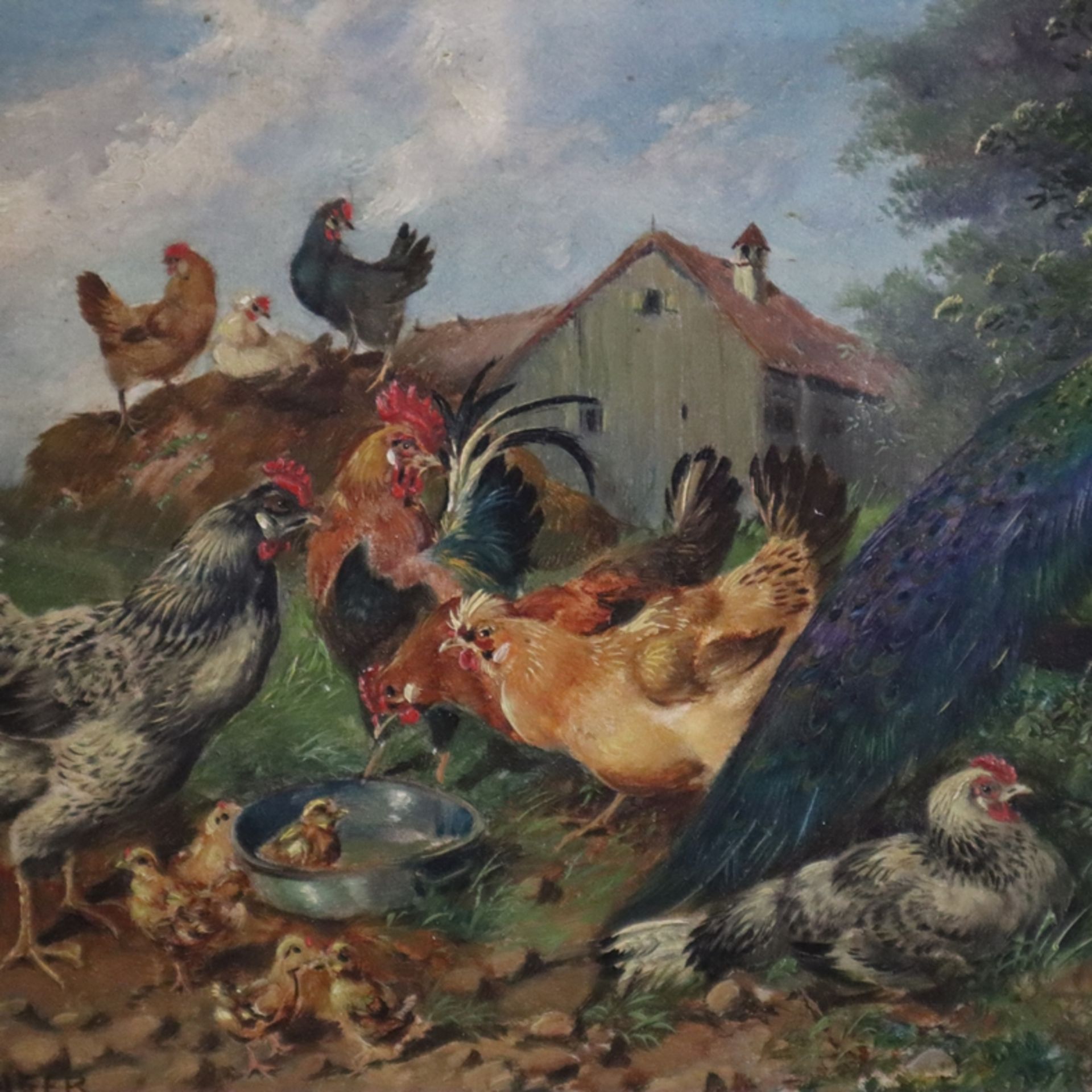 Hänger, Max II (1898-1961) - Hühnerhof mit Pfau, Öl auf Holzplatte, unten links signiert "M. Haegne - Bild 3 aus 10