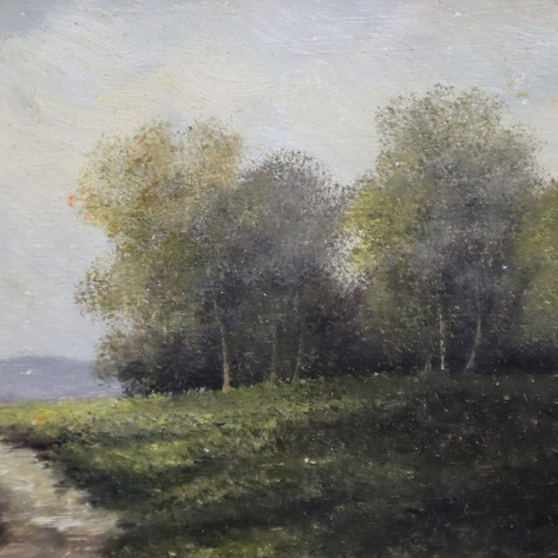 Landschaftsmaler (20. Jh.) - Landschaft mit Bachlauf, Öl auf Holz, unten rechts undeutlich signiert - Image 5 of 8