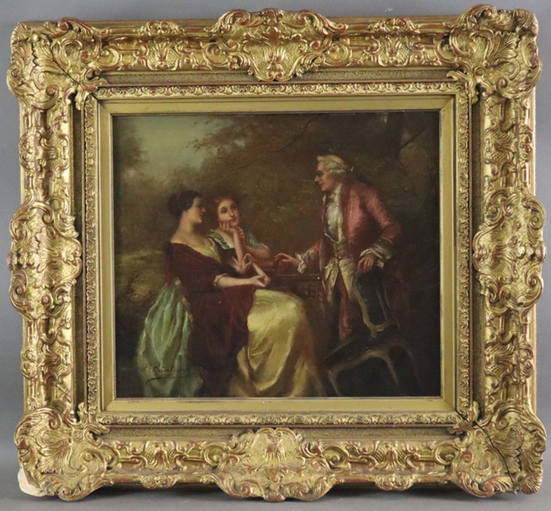 Genremaler um 1900 - Galante Szene mit Kavalier und zwei Damen im Freien, Öl auf Leinwand, unten li