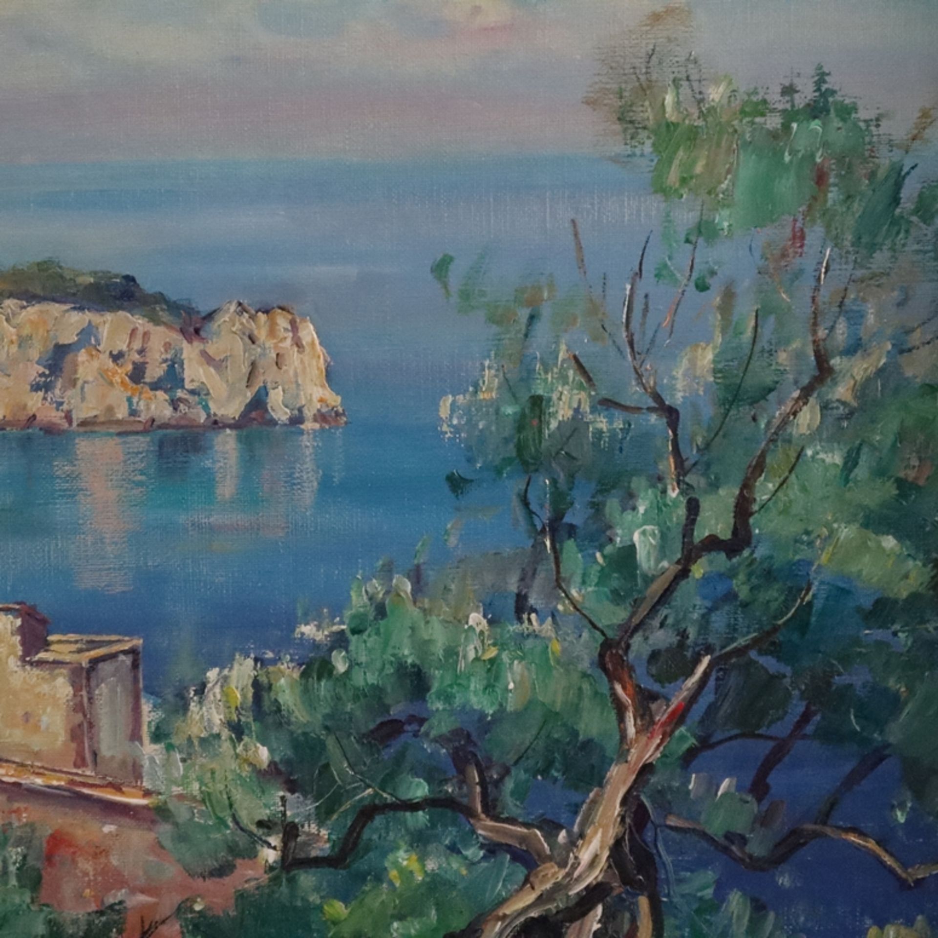 Unbekannte/r Künstler/in (20. Jh.) - Mediterrane Küstenlandschaft mit Anwesen an einer malerischen - Image 8 of 11