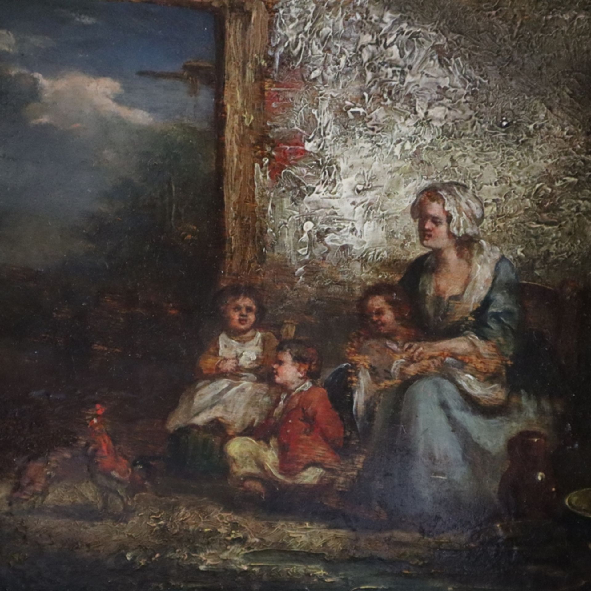 Genremaler (19. Jh.) - Mutter mit drei Kindern findet Unterschlupf im Hühnerstall, Öl auf Holz, uns - Bild 3 aus 10
