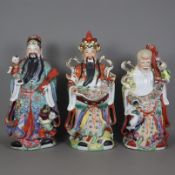 Drei Glücksgötter (Sanxing) - China 20.Jh., große Figuren der Götter Fu, Lu und Shou für Glück, Woh