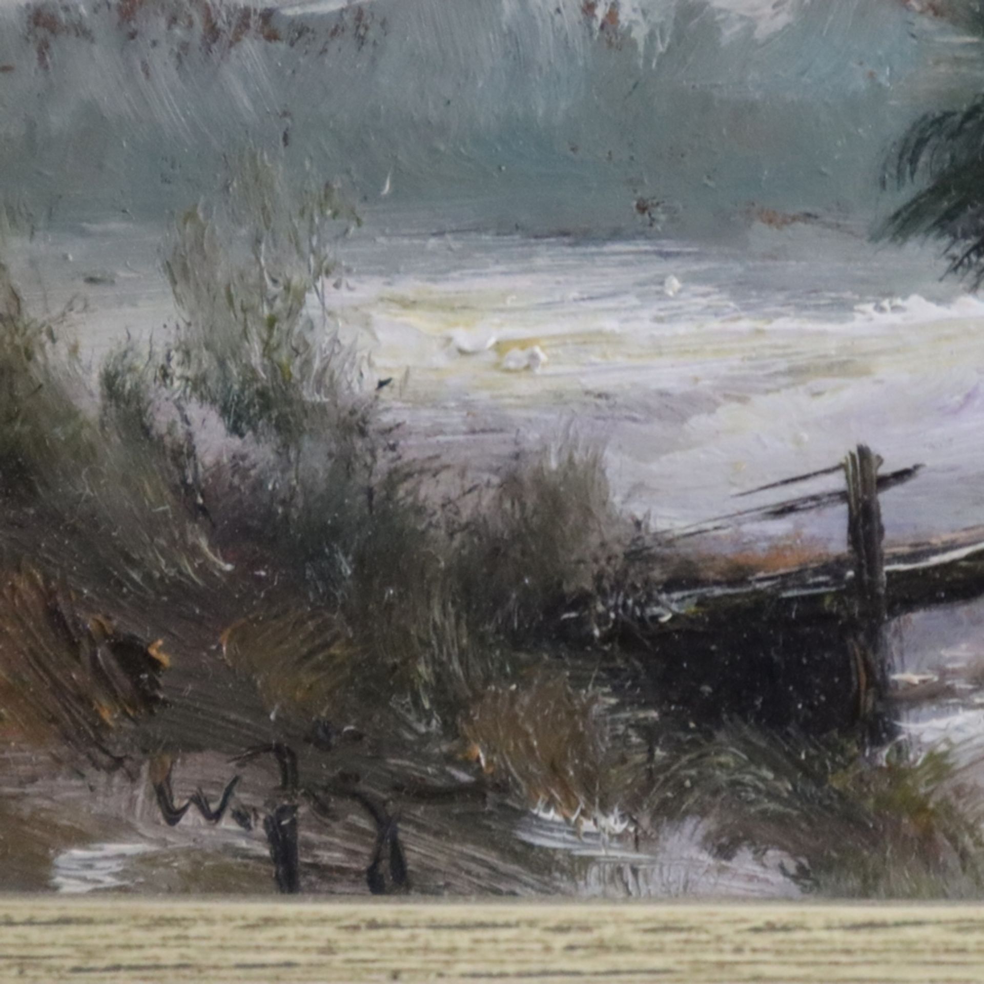 Unbekannte/r Künstler/in (20.Jh.) - Winterliche Flusslandschaft mit Figuren auf einer Brücke, Öl au - Image 6 of 7
