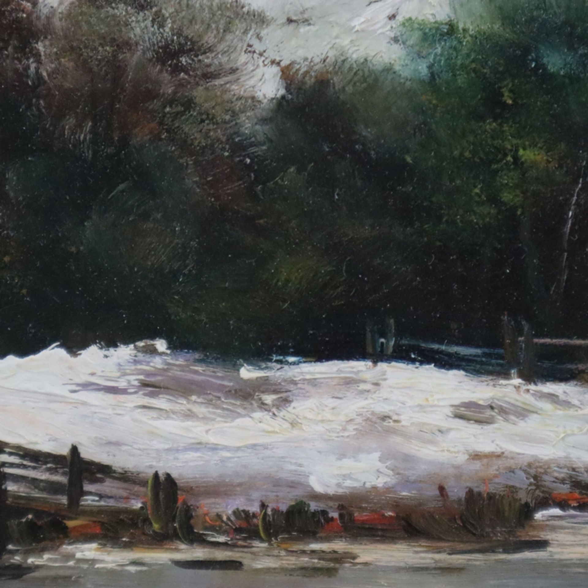 Unbekannte/r Künstler/in (20.Jh.) - Winterliche Flusslandschaft mit Figuren auf einer Brücke, Öl au - Image 4 of 7
