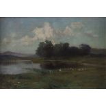 Landschaftsmaler/in (Ende 19. Jh. / um 1900) - Weiherlandschaft mit Störchen, Öl / Leinwand auf Hol