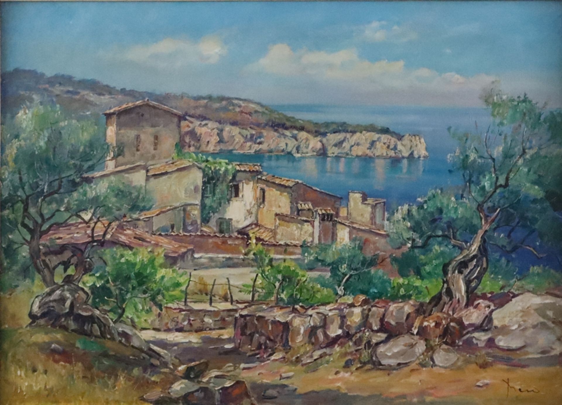 Unbekannte/r Künstler/in (20. Jh.) - Mediterrane Küstenlandschaft mit Anwesen an einer malerischen - Image 2 of 11