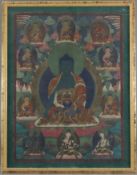 Thangka der acht Medizinbuddhas - Tibet 19./20.Jh., Gouache und Goldfarbe auf Leinen, im Zentrum th