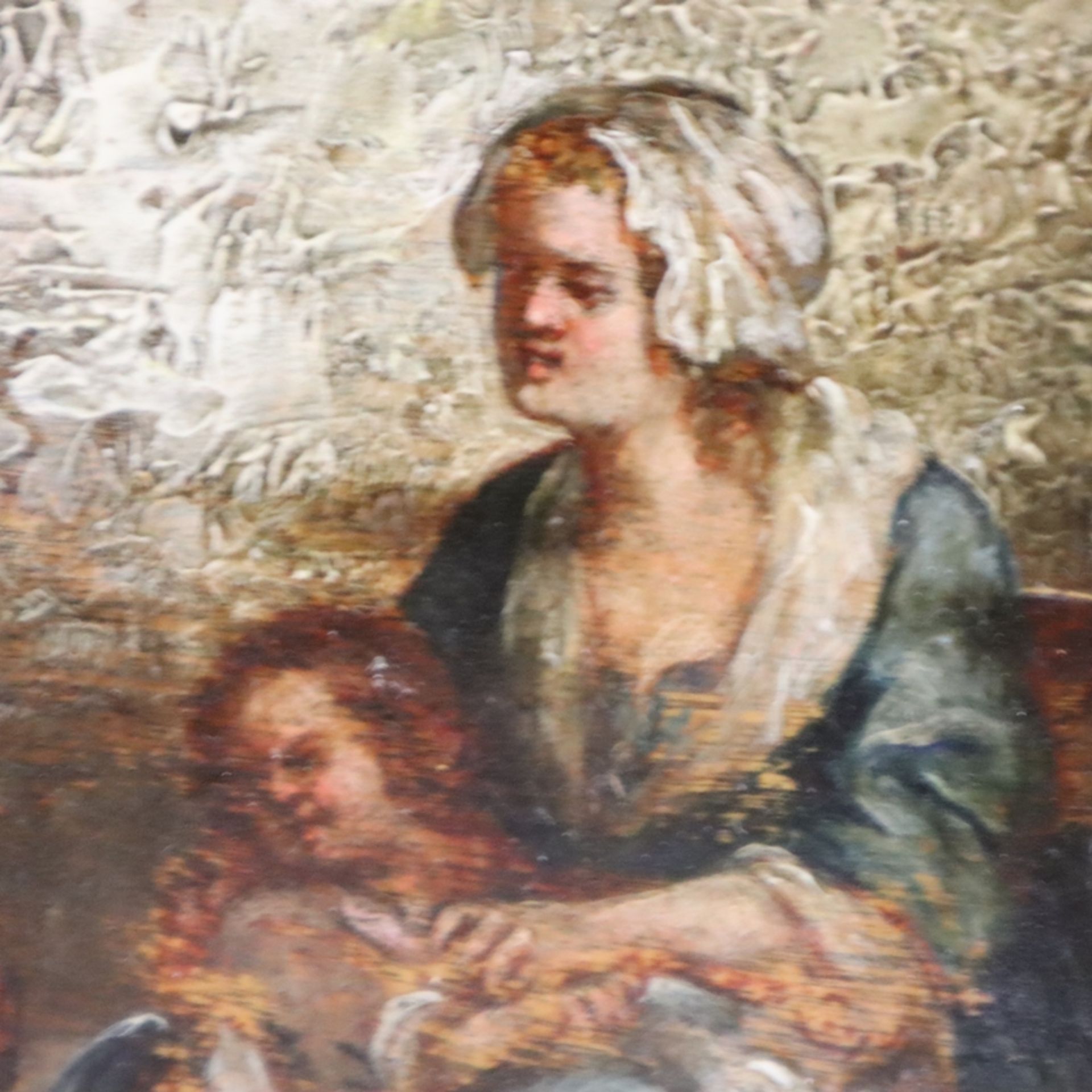 Genremaler (19. Jh.) - Mutter mit drei Kindern findet Unterschlupf im Hühnerstall, Öl auf Holz, uns - Image 4 of 10