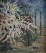 Gobiet, Bernhard (1892 Düsseldorf - 1945 ebenda) - Dorfszene mit Apfelblüte, 1923, Öl auf Leinwand,