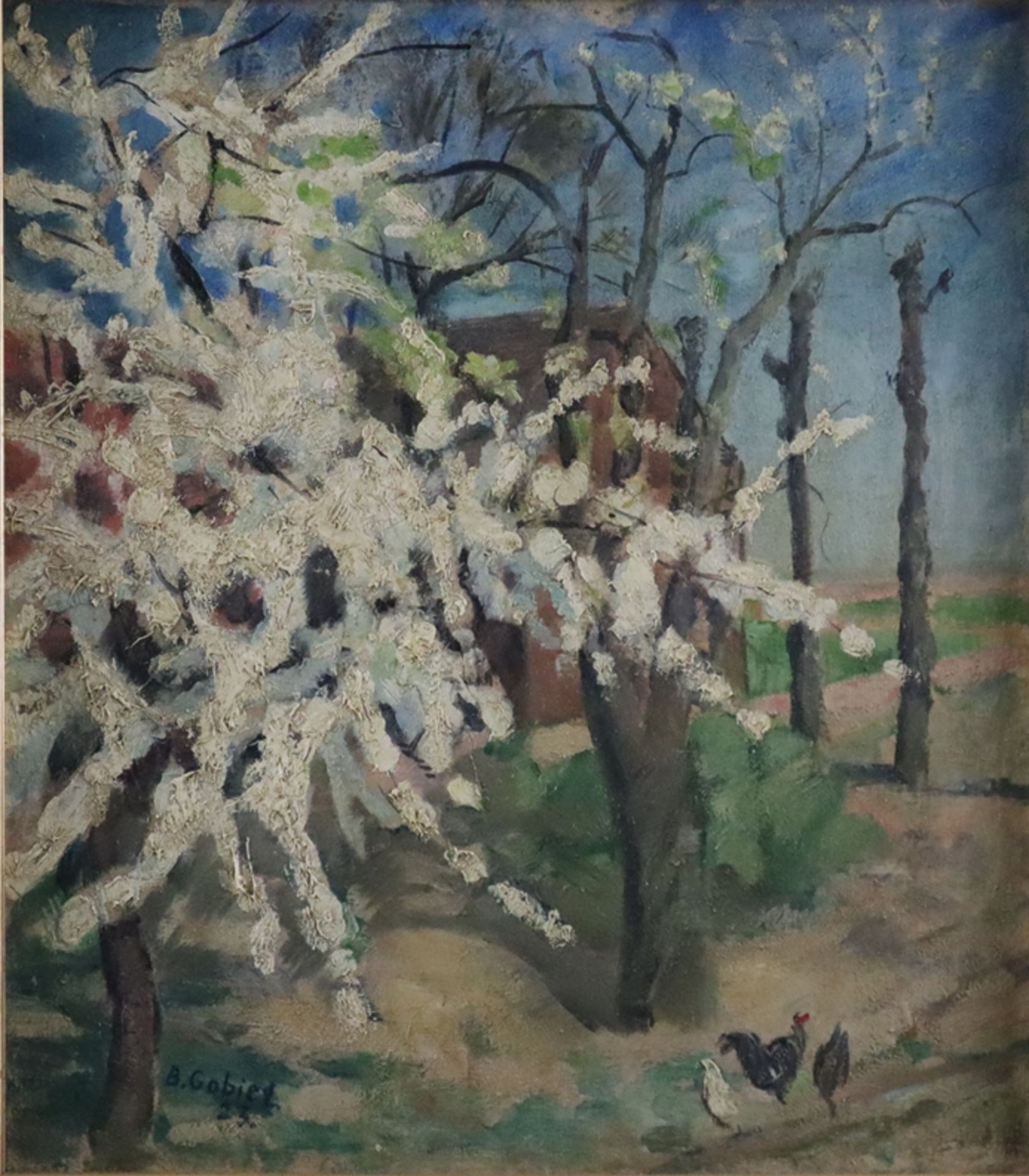 Gobiet, Bernhard (1892 Düsseldorf - 1945 ebenda) - Dorfszene mit Apfelblüte, 1923, Öl auf Leinwand,