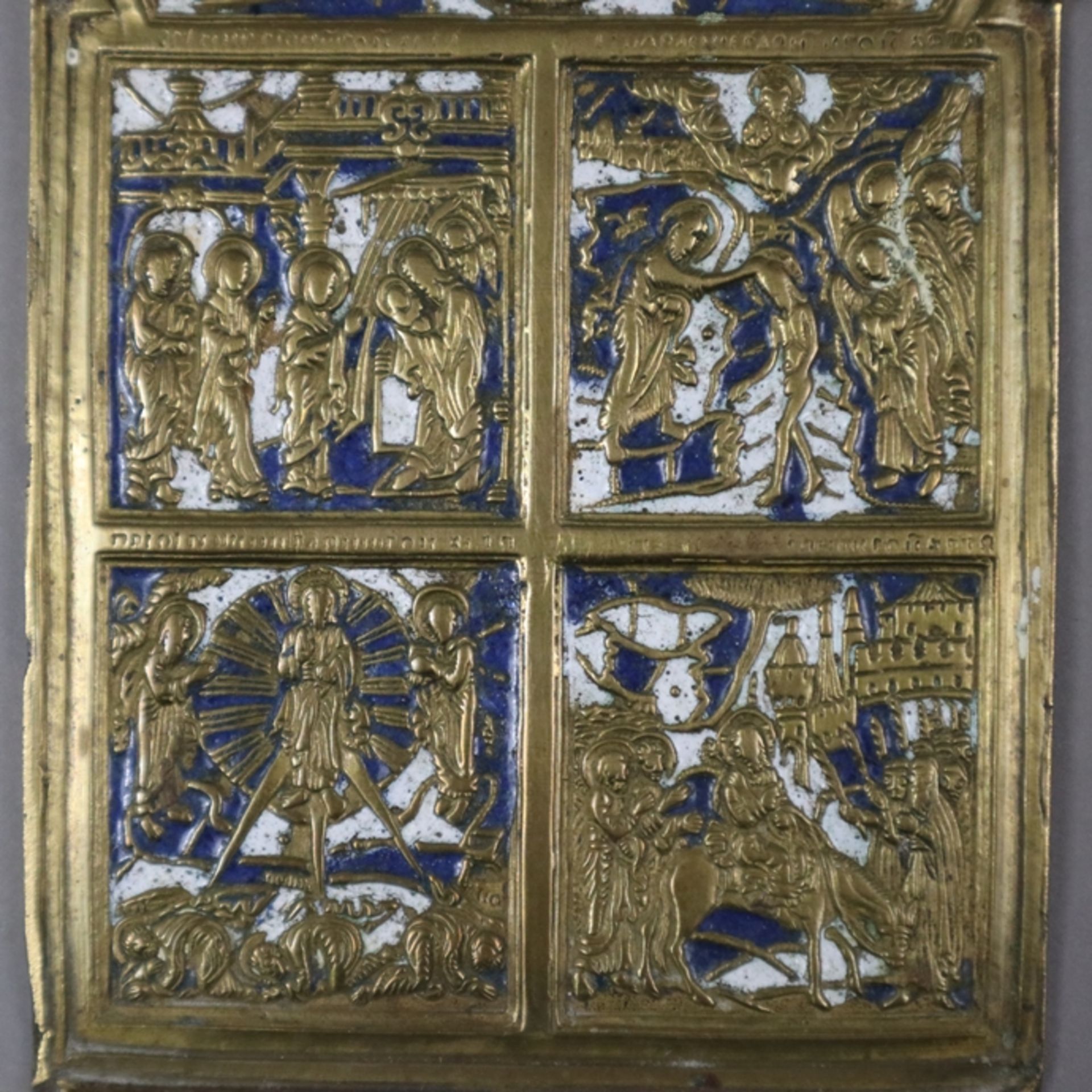 Drei Reiseikonen - Russland, 19. Jh., Bronze- / Messinglegierung, teils blau-weiß emailliert, 1x kl - Bild 4 aus 7