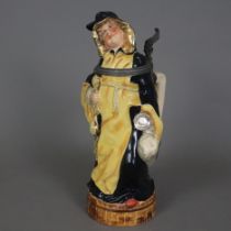 Figurenkrug "Münchner Kindl" - um 1900, Keramik, farbig und gold gefasst, Scharnierdeckel mit Zinnm
