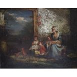 Genremaler (19. Jh.) - Mutter mit drei Kindern findet Unterschlupf im Hühnerstall, Öl auf Holz, uns