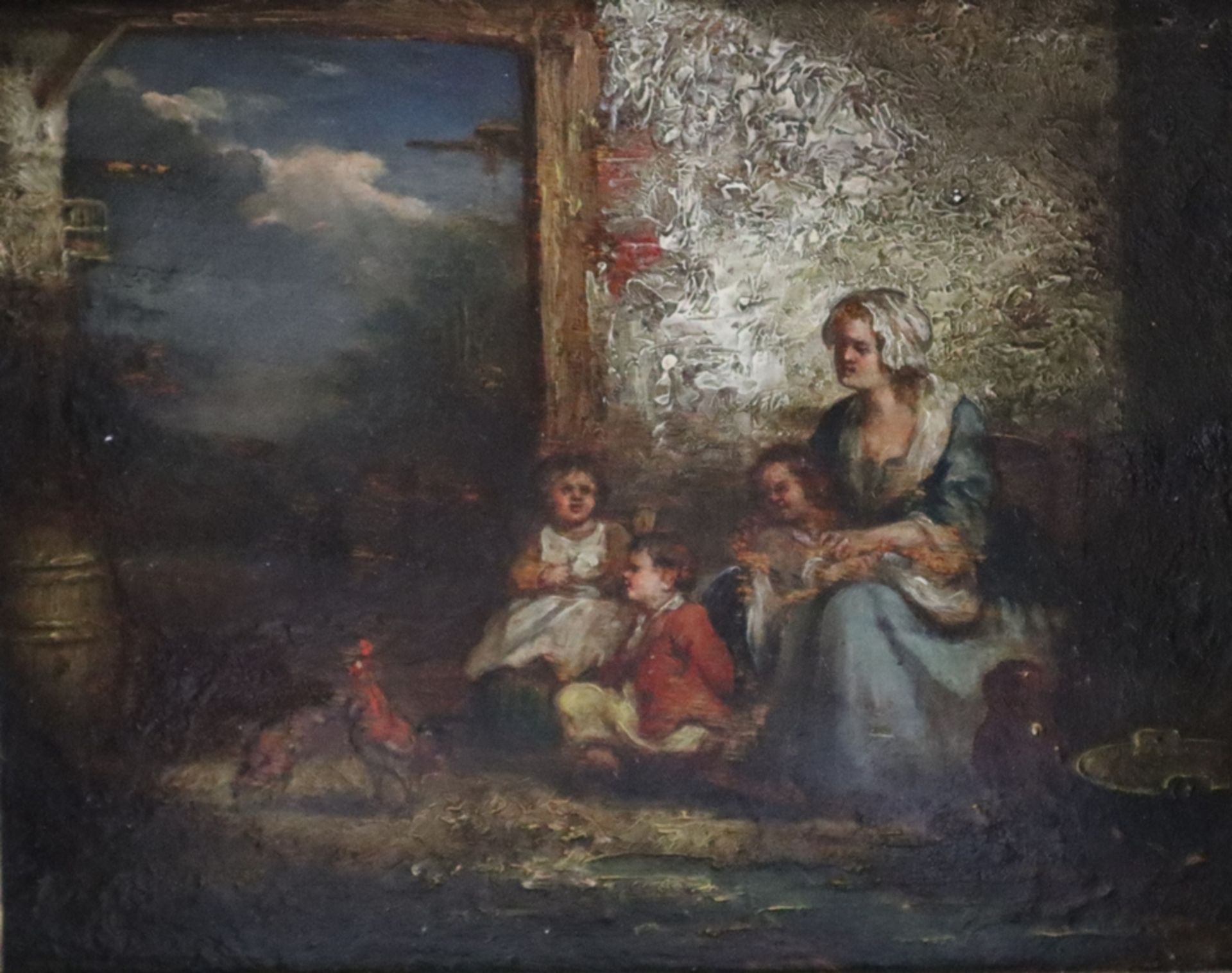 Genremaler (19. Jh.) - Mutter mit drei Kindern findet Unterschlupf im Hühnerstall, Öl auf Holz, uns