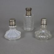 Drei Glasflakons mit Silbermontur - 2x Parfumflakons, wohl Österreich, farbloses Glas, achtfach fac