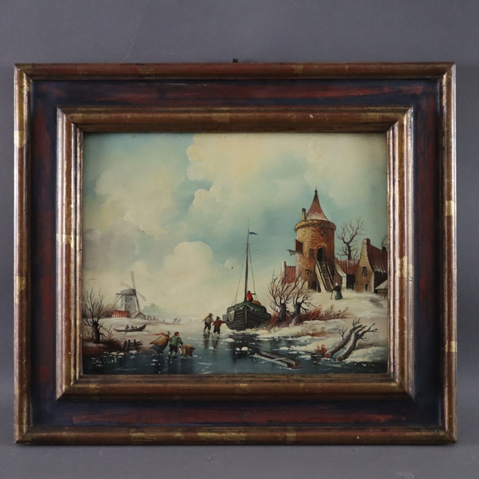 Clerk, J. de (19./20. Jh.) - "Holländische Winterlandschaft mit zugefrorenem Flusslauf und spielend - Image 2 of 8