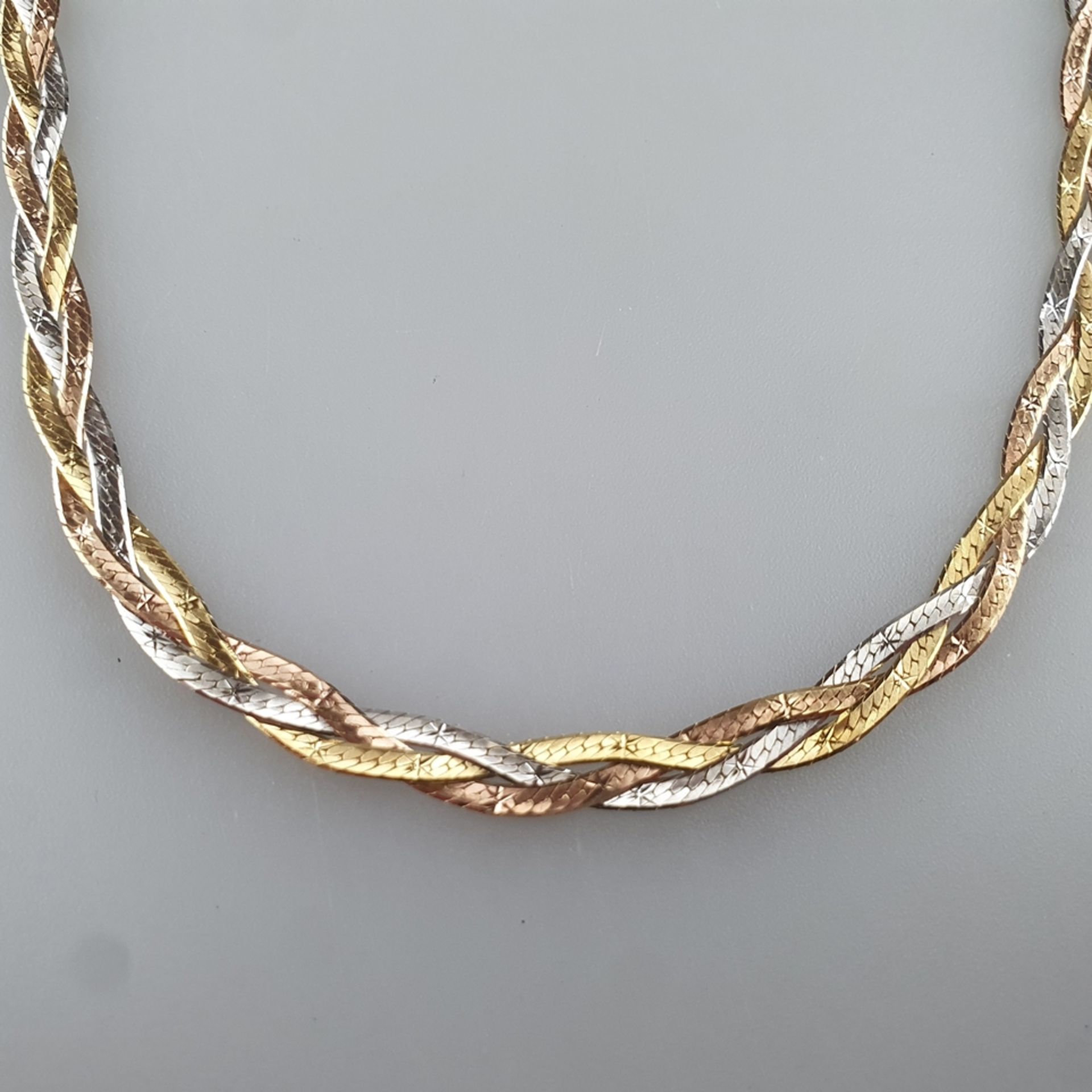 Filigranes Flechtcollier- Gelb-/Rosé-/Weißgold 585/000 (14K), gestempelt, schmales geflochtenes Ban - Bild 2 aus 4