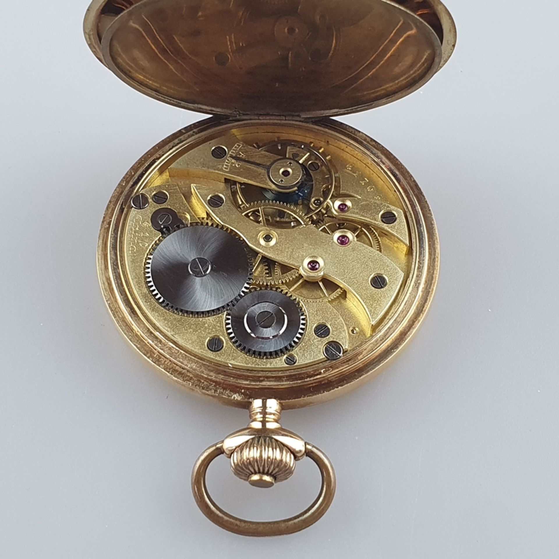 Savonnette-Herrentaschenuhr - Alpina, Gehäuse Gelbgold 585/000, Punzen u.a. Schweizer Goldpunze (Ei - Bild 5 aus 5