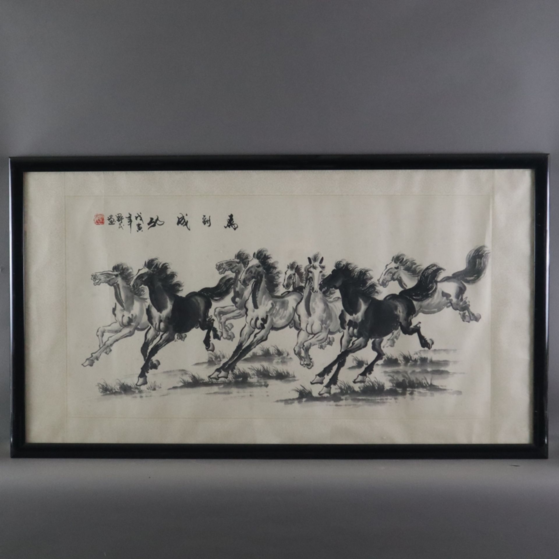Herde Wildpferde - vorwärts stürmende Pferde in der Art des Xu Beihong, Tusche auf Papier, Bildmaße - Bild 2 aus 10