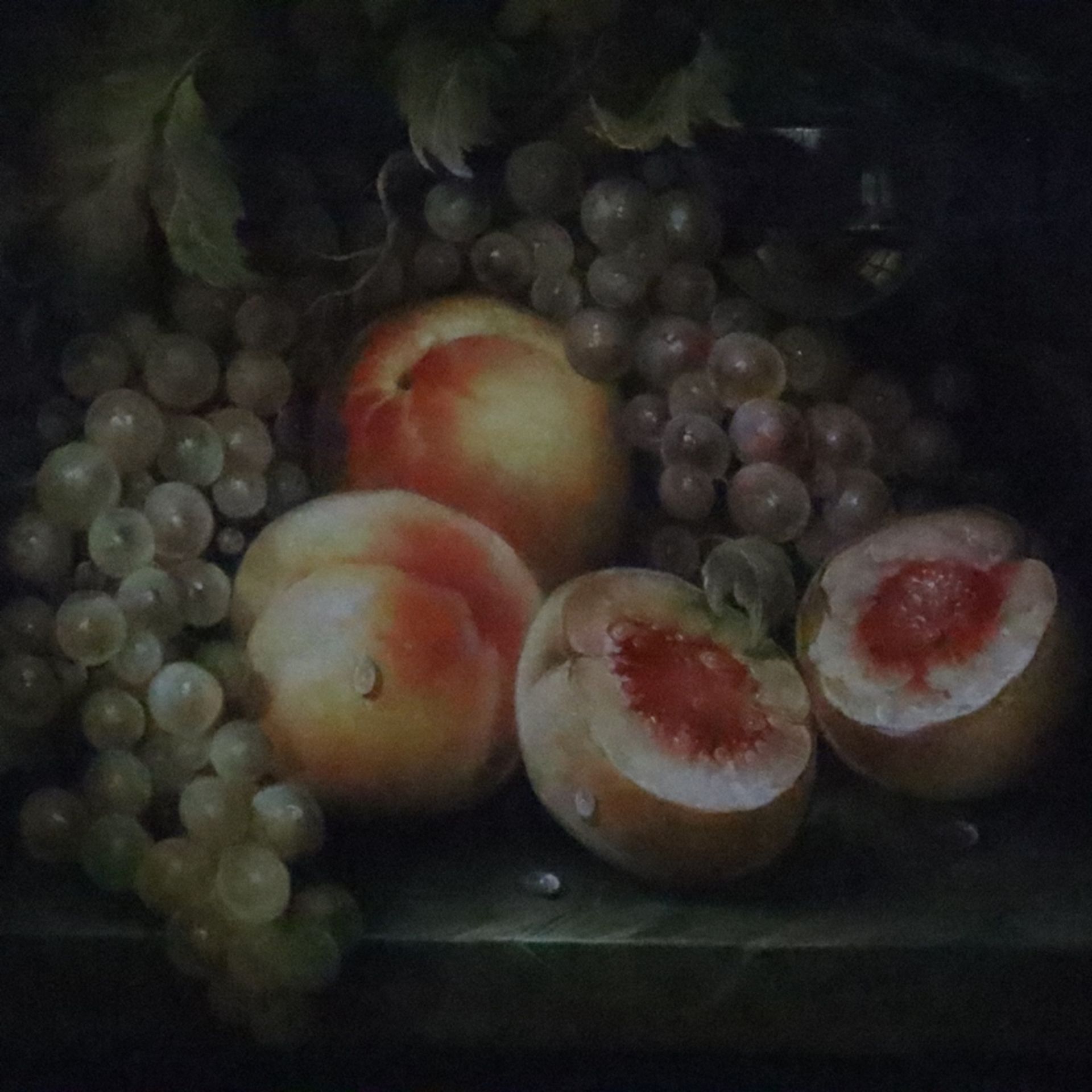Martin, Eric (*1948 Bremen) - Früchtestillleben mit Trauben, Pfirsichen und Weinglas, Öl auf Holz,  - Bild 3 aus 10